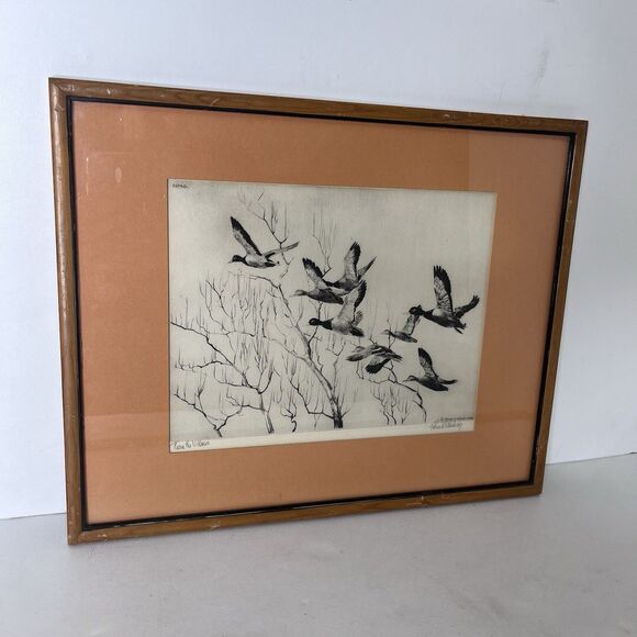 Robert E Bishop Through The Willows Etching 1936 Framed Vintage Wildlife Print - Picture 1 of 14
